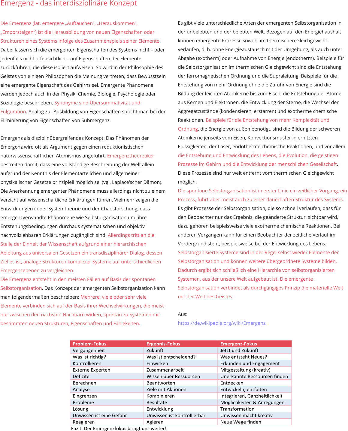 Emergenz - das interdisziplinäre Konzept  Die Emergenz (lat. emergere „Auftauchen“, „Herauskommen“, „Emporsteigen“) ist die Herausbildung von neuen Eigenschaften oder Strukturen eines Systems infolge des Zusammenspiels seiner Elemente. Dabei lassen sich die emergenten Eigenschaften des Systems nicht – oder jedenfalls nicht offensichtlich – auf Eigenschaften der Elemente zurückführen, die diese isoliert aufweisen. So wird in der Philosophie des Geistes von einigen Philosophen die Meinung vertreten, dass Bewusstsein eine emergente Eigenschaft des Gehirns sei. Emergente Phänomene werden jedoch auch in der Physik, Chemie, Biologie, Psychologie oder Soziologie beschrieben. Synonyme sind Übersummativität und Fulguration. Analog zur Ausbildung von Eigenschaften spricht man bei der Eliminierung von Eigenschaften von Submergenz.  Emergenz als disziplinübergreifendes Konzept: Das Phänomen der Emergenz wird oft als Argument gegen einen reduktionistischen naturwissenschaftlichen Atomismus angeführt. Emergenztheoretiker bestreiten damit, dass eine vollständige Beschreibung der Welt allein aufgrund der Kenntnis der Elementarteilchen und allgemeiner physikalischer Gesetze prinzipiell möglich sei (vgl. Laplace'scher Dämon). Die Anerkennung emergenter Phänomene muss allerdings nicht zu einem Verzicht auf wissenschaftliche Erklärungen führen. Vielmehr zeigen die Entwicklungen in der Systemtheorie und der Chaosforschung, dass emergenzverwandte Phänomene wie Selbstorganisation und ihre Entstehungsbedingungen durchaus systematischen und objektiv nachvollziehbaren Erklärungen zugänglich sind. Allerdings tritt an die Stelle der Einheit der Wissenschaft aufgrund einer hierarchischen Ableitung aus universalen Gesetzen ein transdisziplinärer Dialog, dessen Ziel es ist, analoge Strukturen komplexer Systeme auf unterschiedlichen Emergenzebenen zu vergleichen. Die Emergenz entsteht in den meisten Fällen auf Basis der spontanen Selbstorganisation. Das Konzept der emergenten Selbstorganisation kann man folgendermaßen beschreiben: Mehrere, viele oder sehr viele Elemente verbinden sich auf der Basis ihrer Wechselwirkungen, die meist nur zwischen den nächsten Nachbarn wirken, spontan zu Systemen mit bestimmten neuen Strukturen, Eigenschaften und Fähigkeiten.        Es gibt viele unterschiedliche Arten der emergenten Selbstorganisation in der unbelebten und der belebten Welt. Bezogen auf den Energiehaushalt können emergente Prozesse sowohl im thermischen Gleichgewicht verlaufen, d. h. ohne Energieaustausch mit der Umgebung, als auch unter Abgabe (exotherm) oder Aufnahme von Energie (endotherm). Beispiele für die Selbstorganisation im thermischen Gleichgewicht sind die Entstehung der ferromagnetischen Ordnung und die Supraleitung. Beispiele für die Entstehung von mehr Ordnung ohne die Zufuhr von Energie sind die Bildung der leichten Atomkerne bis zum Eisen, die Entstehung der Atome aus Kernen und Elektronen, die Entwicklung der Sterne, die Wechsel der Aggregatzustände (kondensieren, erstarren) und exotherme chemische Reaktionen. Beispiele für die Entstehung von mehr Komplexität und Ordnung, die Energie von außen benötigt, sind die Bildung der schweren Atomkerne jenseits vom Eisen, Konvektionsmuster in erhitzten Flüssigkeiten, der Laser, endotherme chemische Reaktionen, und vor allem die Entstehung und Entwicklung des Lebens, die Evolution, die geistigen Prozesse im Gehirn und die Entwicklung der menschlichen Gesellschaft. Diese Prozesse sind nur weit entfernt vom thermischen Gleichgewicht möglich. Die spontane Selbstorganisation ist in erster Linie ein zeitlicher Vorgang, ein Prozess, führt aber meist auch zu einer dauerhaften Struktur des Systems. Es gibt Prozesse der Selbstorganisation, die so schnell verlaufen, dass für den Beobachter nur das Ergebnis, die geänderte Struktur, sichtbar wird, dazu gehören beispielsweise viele exotherme chemische Reaktionen. Bei anderen Vorgängen kann für einen Beobachter der zeitliche Verlauf im Vordergrund steht, beispielsweise bei der Entwicklung des Lebens. Selbstorganisierte Systeme sind in der Regel selbst wieder Elemente der Selbstorganisation und können weitere übergeordnete Systeme bilden. Dadurch ergibt sich schließlich eine Hierarchie von selbstorganisierten Systemen, aus der unsere Welt aufgebaut ist. Die emergente Selbstorganisation verbindet als durchgängiges Prinzip die materielle Welt mit der Welt des Geistes.  Aus: https://de.wikipedia.org/wiki/Emergenz Problem - Fokus   Ergebnis - Fokus   Emergenz - Fokus   Vergangenheit   Zukunft   Jetzt und Zukunft   Was ist richtig ?   Was ist entscheidend ?   Was   entsteht Neues ?   Kontroll i e ren   Einwirken   Erkunden   und Engagement   Externe Experten   Zusammenarbeit   Mitgestaltung   (kreativ)   Defizite   Wissen über Ressuorcen   Unerkannte   Ressourcen finden     Berech nen   Bea ntworten   Entdecken   Analyse   Ziele mit Aktionen   Entwickeln , entfalten Eingrenzen   Kombinieren   Integrieren , Ga nzheitlich keit   Probleme   Resultate   Möglichkeiten &  Anregungen   Lösung   Entwicklung   Transformation   Unwissen ist eine Gefahr   Unwissen ist kontrollierbar   Unwissen  macht  kreativ   Reagieren   Agieren   Neue Wege  finden    Fazit: Der Emergenzfokus bringt uns weiter!