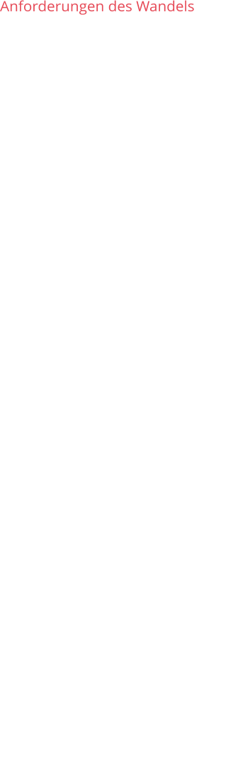 Anforderungen des Wandels Der gesellschaftliche, organisationelle  und individuelle Wandel sozialer  Systeme erfordert: •	Agilität (aktiv, flexibel, schnelle       Reaktion), •	Antizipation (gedankliche Vorwegnahme),  •	Adaption (Anpassungsvermögen). Da der zeitliche Verlauf des Wandels  derzeit eher exponentiell erfolgt, geht es  weniger - wie in der Vergangenheit - um  Kennzahlen, wie •	Wachstum,  •	Gewinnmaximierung, •	Kosten,   •	Effektivität und Effizienz und •	Return off Investment (ROI),  sondern um komplexe Prozesse  (evolutionär und revolutionär) der  Anpassung, die das „Überleben“ sichern: •	Selbstorganisation (Selbsterhaltung   und Selbstentfaltung in Systemen), •	Emergenz (neue Eigenschaften eines Systems, Summation), •	Empowerment (Selbstbestimmung und individuelle Verantwortung) •	Wissen („Wissen = geteilte Macht“),  •	Lernen (Unternehmen als „lernende Organisation“),  •	Kompetenz alsSchlüsselqualifikation,  •	Resilienz (Widerstandsfähigkeit gegenüber externen Störungen)  und •	Wachstum im Wandel (Erkennen von Konfliktfelder),                                  