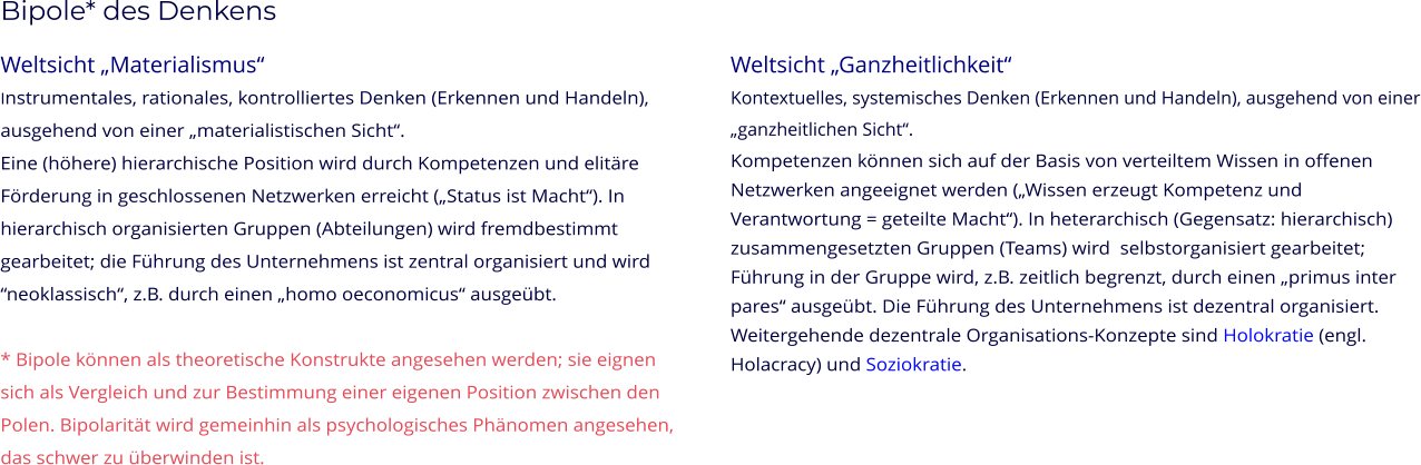 Bipole* des Denkens   Weltsicht „Materialismus“ Instrumentales, rationales, kontrolliertes Denken (Erkennen und Handeln), ausgehend von einer „materialistischen Sicht“.  Eine (höhere) hierarchische Position wird durch Kompetenzen und elitäre Förderung in geschlossenen Netzwerken erreicht („Status ist Macht“). In hierarchisch organisierten Gruppen (Abteilungen) wird fremdbestimmt gearbeitet; die Führung des Unternehmens ist zentral organisiert und wird “neoklassisch“, z.B. durch einen „homo oeconomicus“ ausgeübt.  * Bipole können als theoretische Konstrukte angesehen werden; sie eignen sich als Vergleich und zur Bestimmung einer eigenen Position zwischen den Polen. Bipolarität wird gemeinhin als psychologisches Phänomen angesehen, das schwer zu überwinden ist.   Weltsicht „Ganzheitlichkeit“ Kontextuelles, systemisches Denken (Erkennen und Handeln), ausgehend von einer „ganzheitlichen Sicht“.  Kompetenzen können sich auf der Basis von verteiltem Wissen in offenen Netzwerken angeeignet werden („Wissen erzeugt Kompetenz und Verantwortung = geteilte Macht“). In heterarchisch (Gegensatz: hierarchisch) zusammengesetzten Gruppen (Teams) wird  selbstorganisiert gearbeitet; Führung in der Gruppe wird, z.B. zeitlich begrenzt, durch einen „primus inter pares“ ausgeübt. Die Führung des Unternehmens ist dezentral organisiert.  Weitergehende dezentrale Organisations-Konzepte sind Holokratie (engl. Holacracy) und Soziokratie.